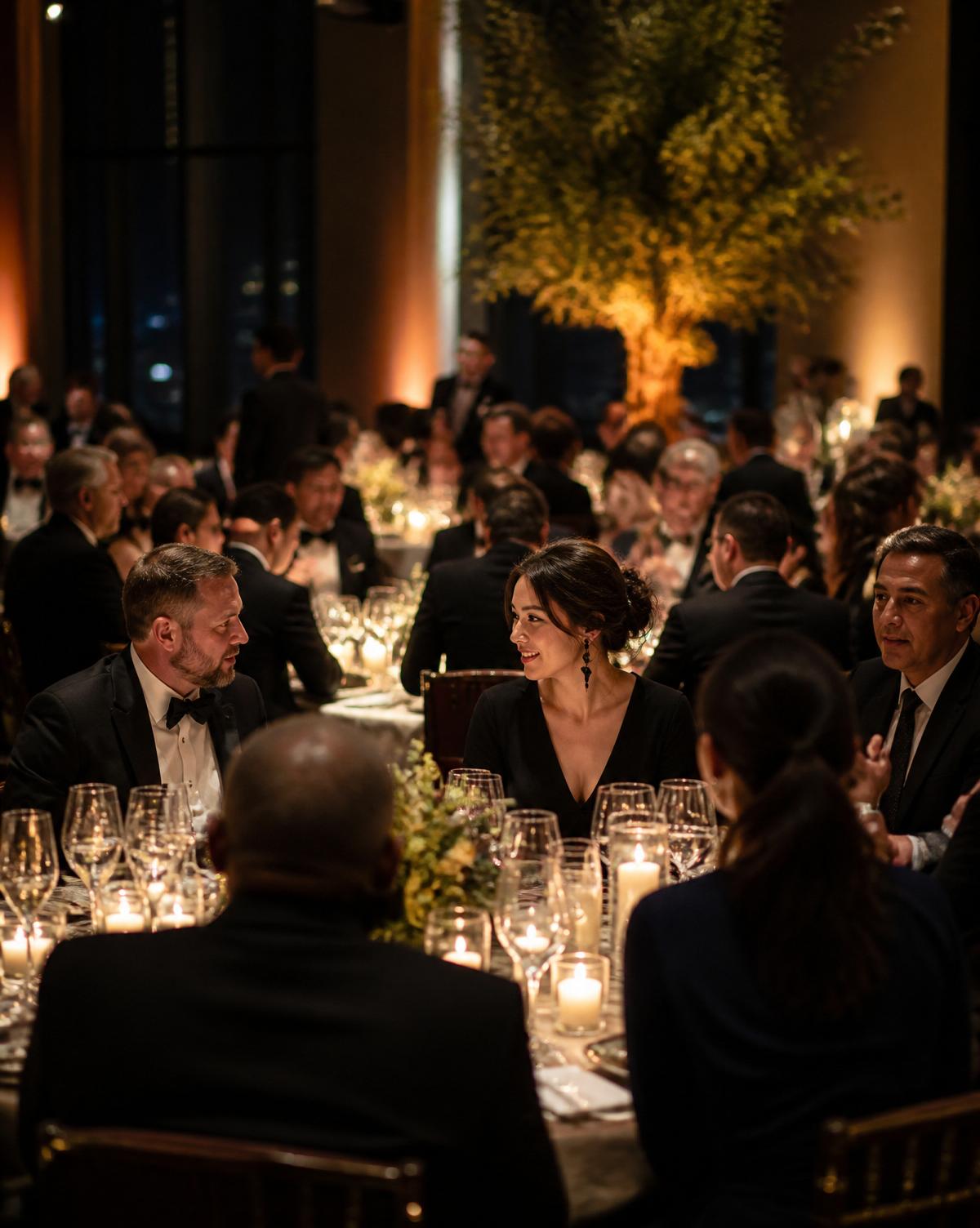 Guests dining at a candlelit corporate gala