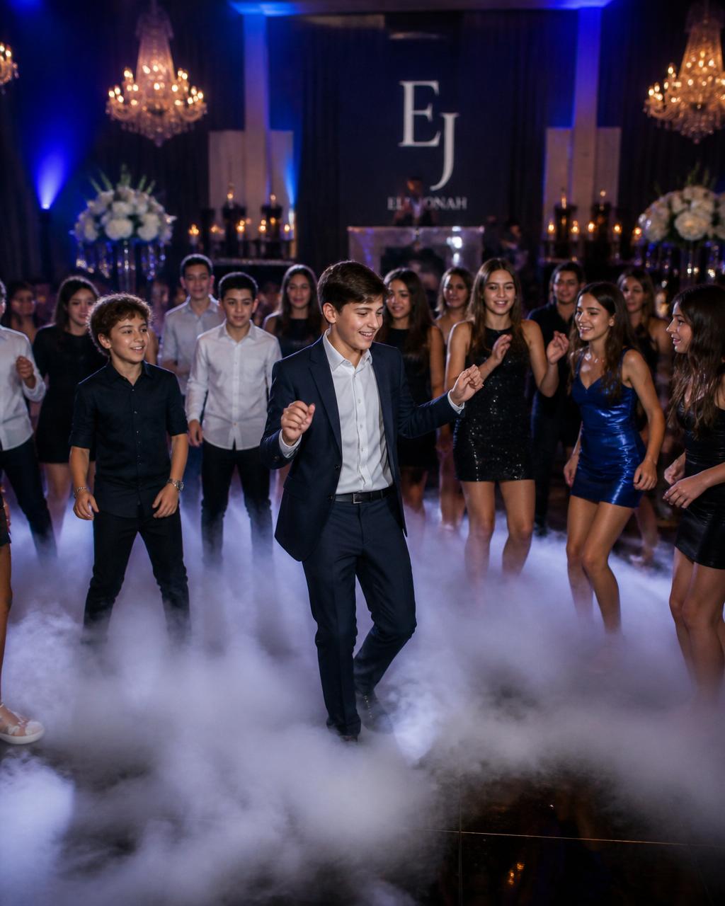 Dancing on the clouds low fog effect with kids at a Bar Mitzvah