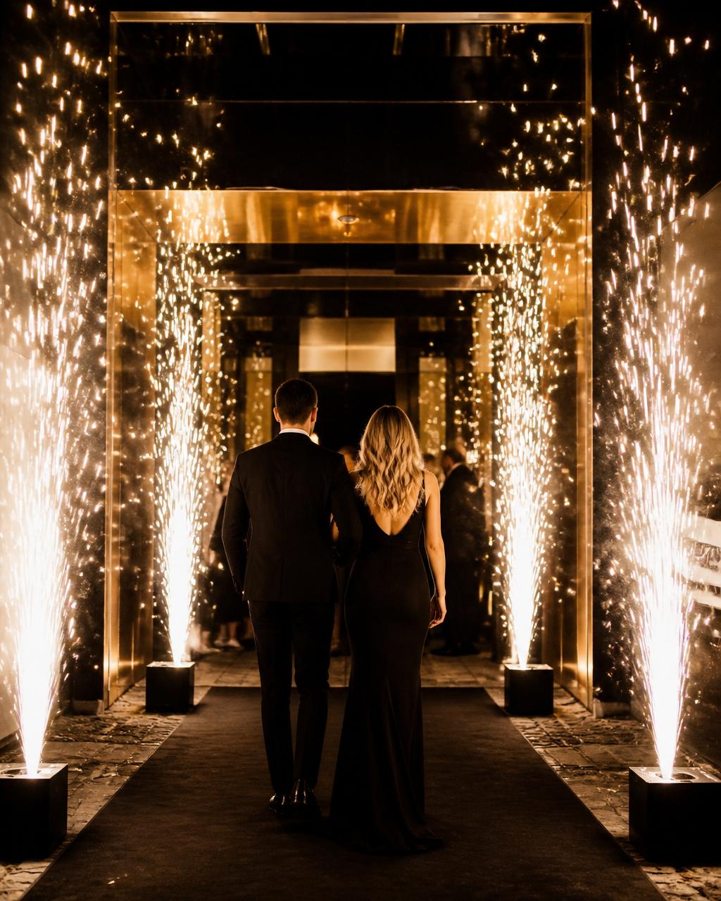 Cold sparks entrance at an elegant black-tie affair