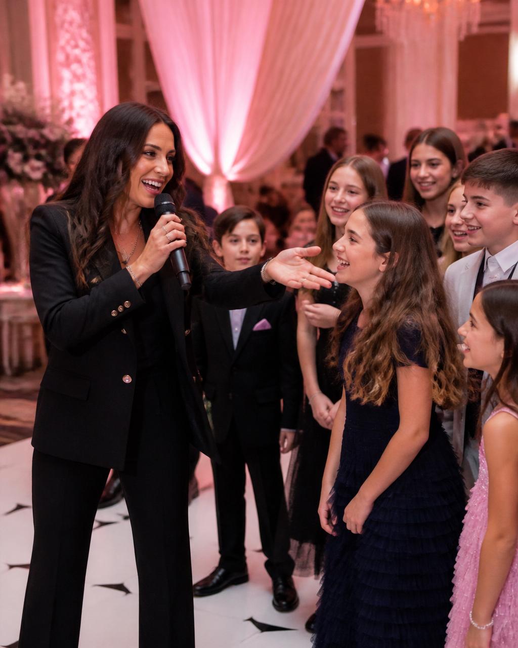 Female MC engaging with kids at a Bat Mitzvah