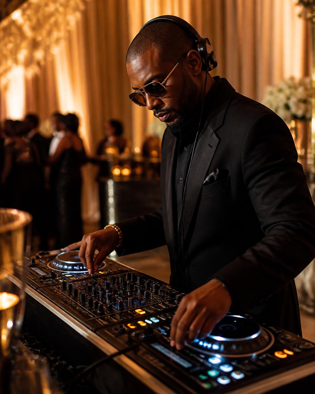 Professional DJ mixing at an elegant black-tie celebration