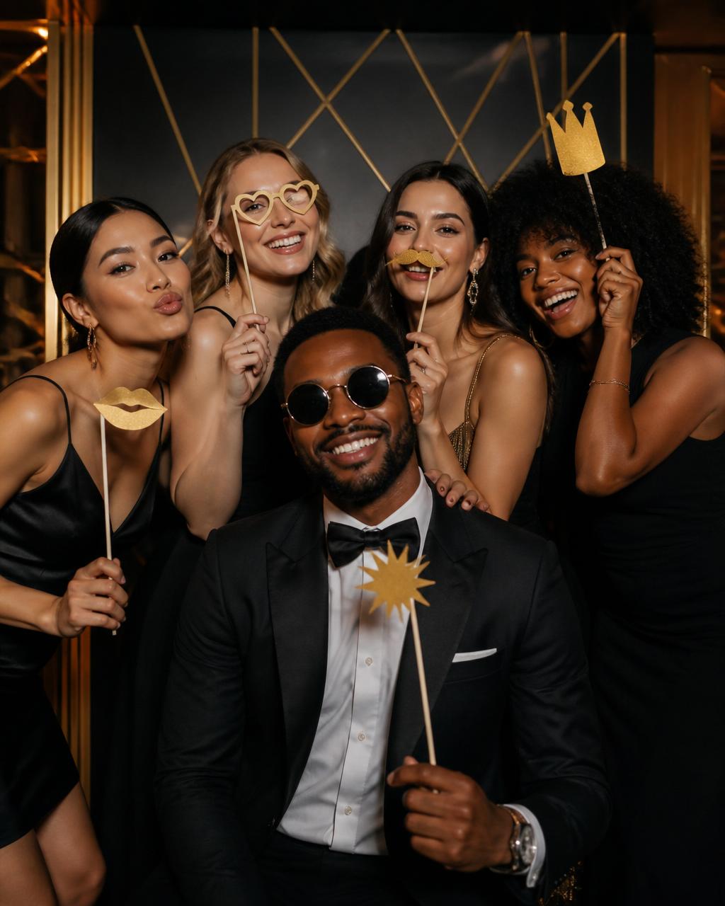 Guests posing with props at a modern luxury photo booth