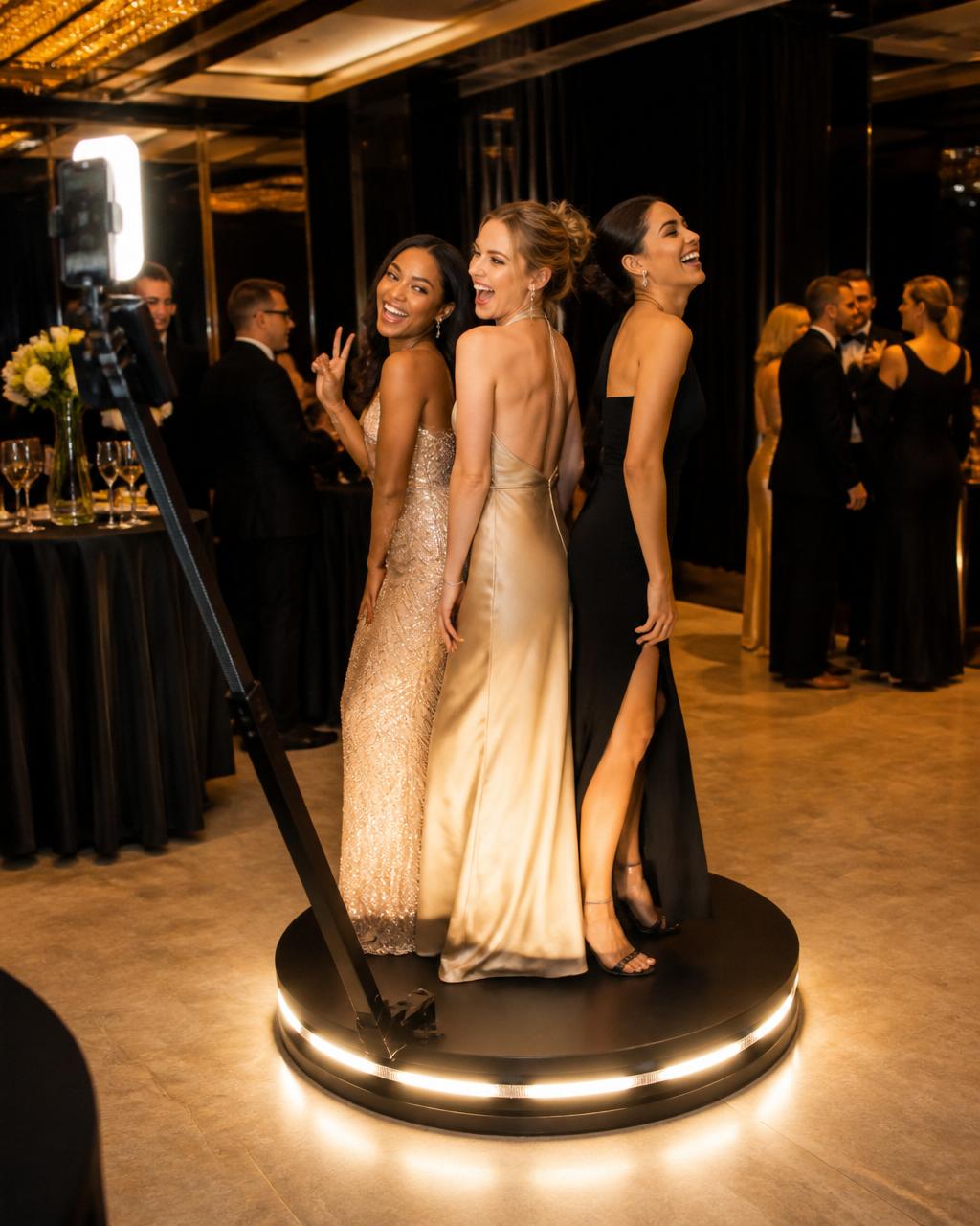 Guests on a 360 video booth at an elegant celebration