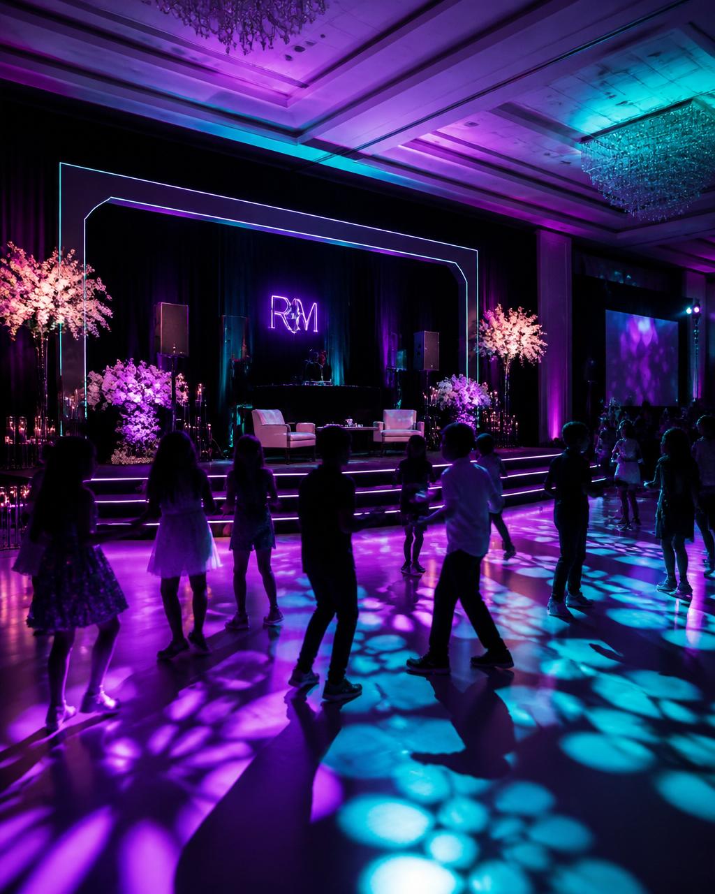 Kids dancing on a colorfully lit dance floor at a Mitzvah