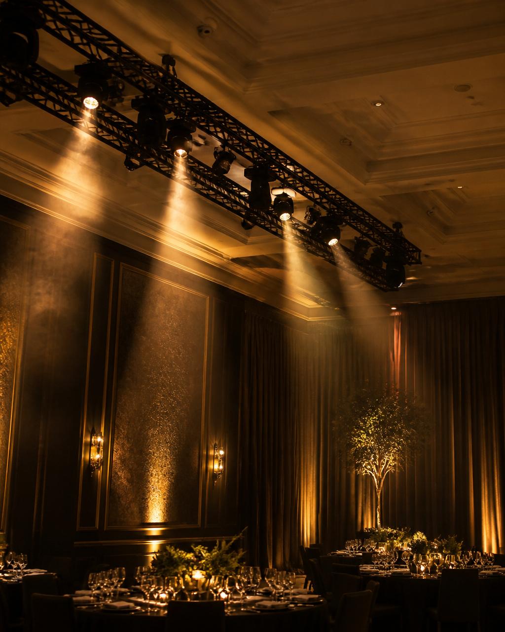 Warm intelligent lighting beams across a luxury ballroom ceiling