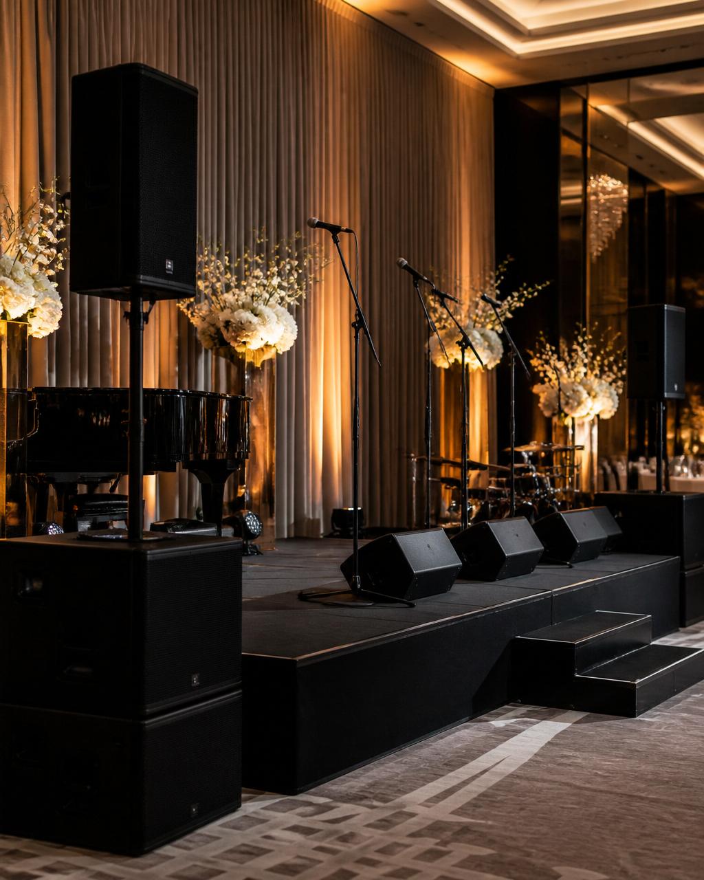Sleek professional sound system and stage setup at an elegant event